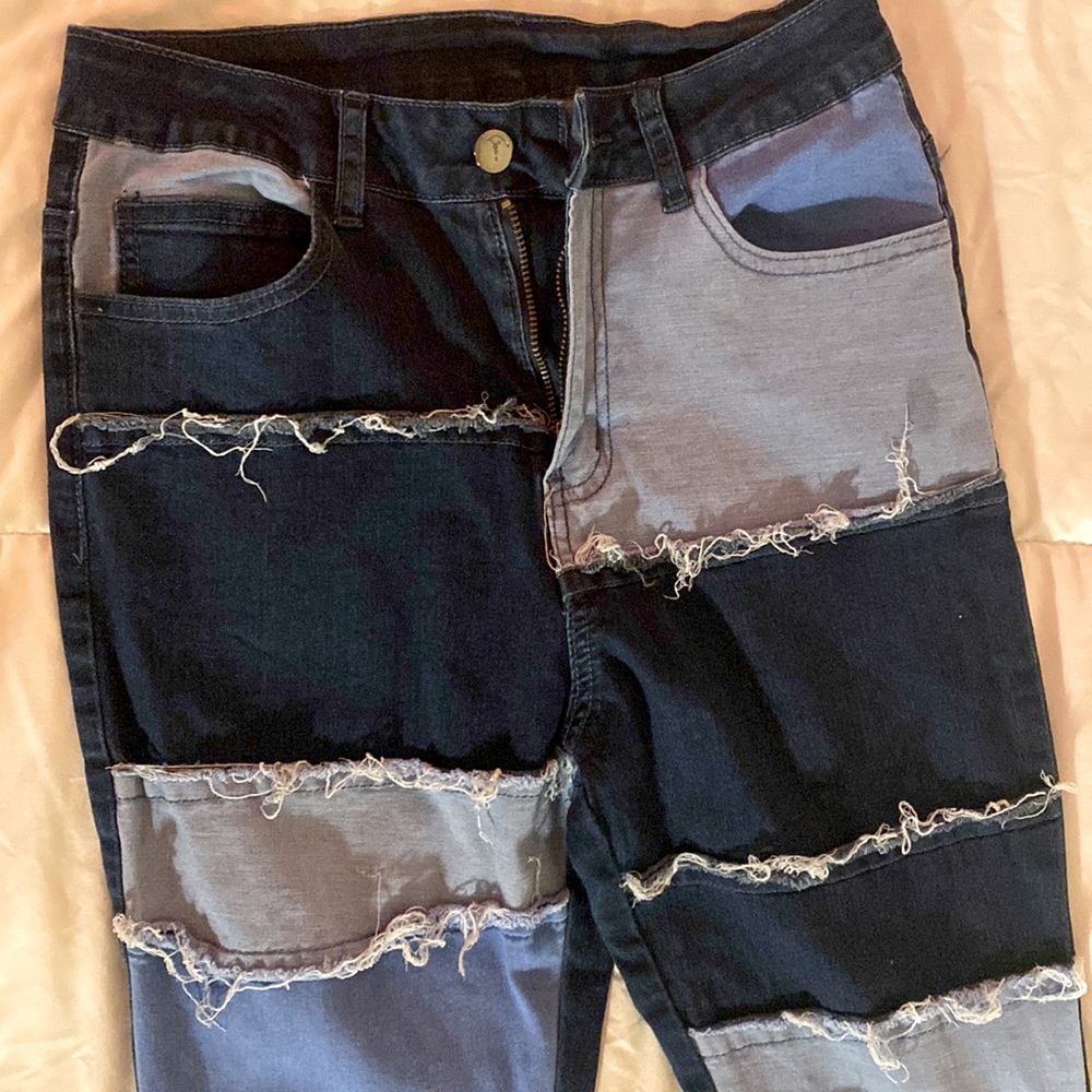 Jeans Patchwork Flared High-Rise Distressed Denim… - image 2